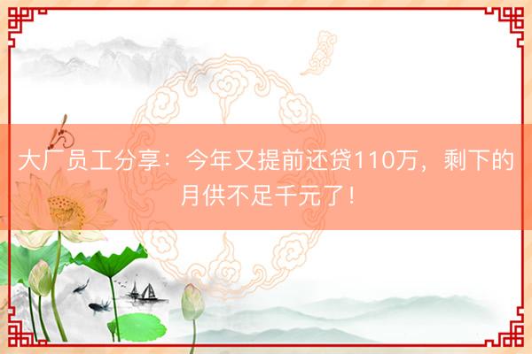 大厂员工分享:今年又提前还贷110万,剩下的月供不足千元了!