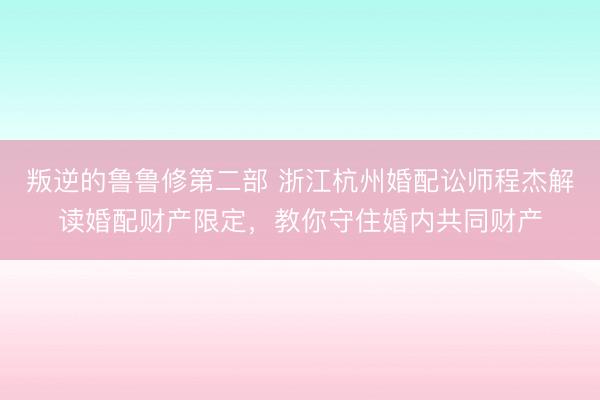 叛逆的鲁鲁修第二部 浙江杭州婚配讼师程杰解读婚配财产限定，教你守住婚内共同财产